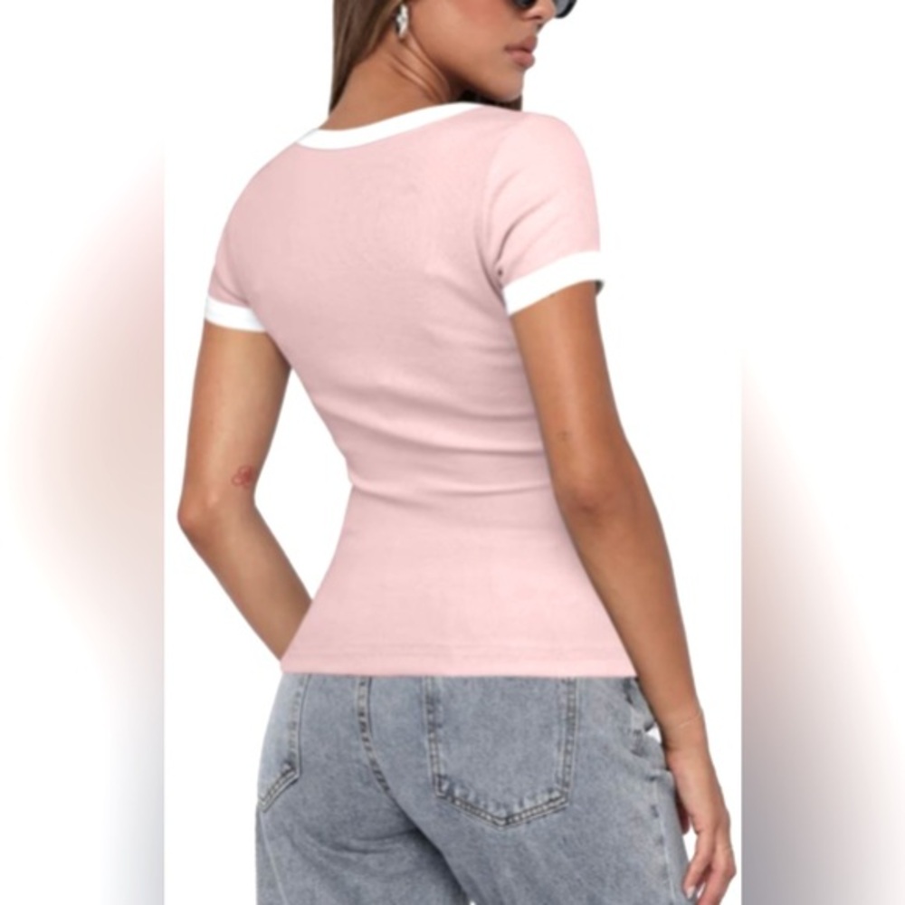 U Neck Short Sleeve Color Block Slim Fit Ribbed Knit Basic Tee | NWT | S - Picture 6 of 9